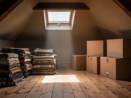 Ein aufgeräumter Dachboden mit Holzdielen und Sonnenlicht, das auf leere Pappkartons und Textilien fällt. - Foto: über boerse-global.de