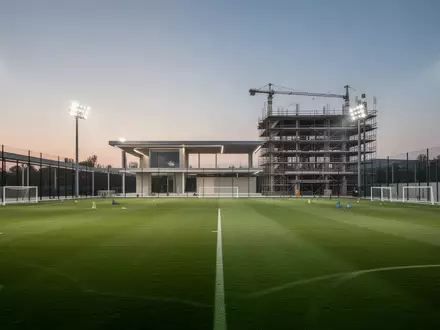Ein modernes Fußball-Trainingsgelände mit einem grünen Spielfeld und einem im Bau befindlichen Gebäude unter Flutlicht. - Foto: über boerse-global.de