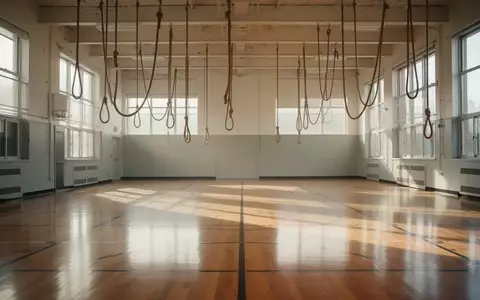 Eine leere, helle Schulturnhalle mit Holzboden und Kletterseilen an der Decke bei natürlichem Tageslicht. - Foto: über boerse-global.de