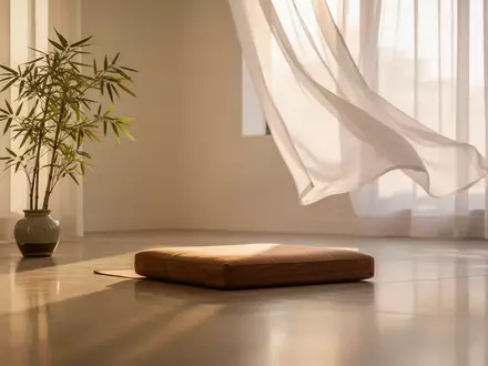 Ein minimalistischer, lichtdurchfluteter Raum mit einem Meditationskissen und einer Pflanze, der eine ruhige Atmosphäre ausstrahlt. - Foto: über boerse-global.de