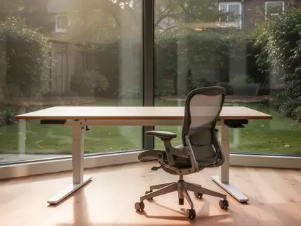 Ein minimalistisch gestalteter, heller Arbeitsplatz mit höhenverstellbarem Schreibtisch und ergonomischem Bürostuhl. - Foto: über boerse-global.de