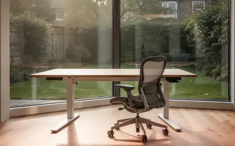 Ein minimalistisch gestalteter, heller Arbeitsplatz mit höhenverstellbarem Schreibtisch und ergonomischem Bürostuhl. - Foto: über boerse-global.de
