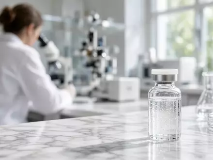 Ein gläsernes Serum-Fläschchen auf einem weißen Marmortisch in einem modernen, hellen Laborumfeld. - Foto: über boerse-global.de