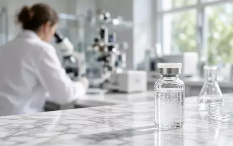 Ein gläsernes Serum-Fläschchen auf einem weißen Marmortisch in einem modernen, hellen Laborumfeld. - Foto: über boerse-global.de
