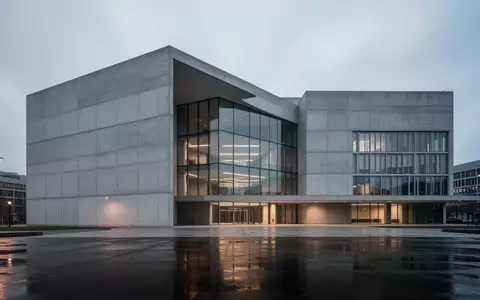 Ein minimalistisches, modernes VerwaltungsgebĂ€ude vor einem bewölkten Himmel in der DĂ€mmerung. - Foto: ĂŒber boerse-global.de