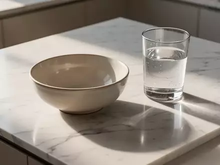 Ein minimalistisch gestalteter Küchentisch mit einer leeren Schale und einem Glas Wasser in hellem, natürlichem Licht. - Foto: über boerse-global.de