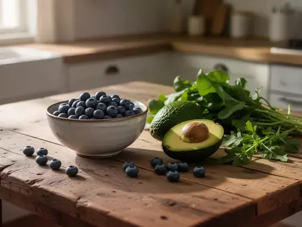 Frische Blaubeeren, eine Avocado und grünes Gemüse auf einem Holztisch in hellem, natürlichem Tageslicht. - Foto: über boerse-global.de