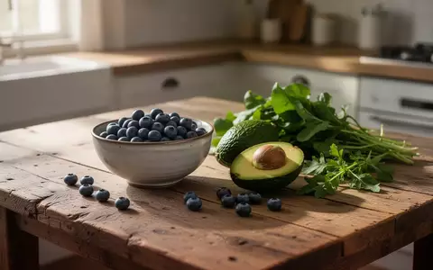 Frische Blaubeeren, eine Avocado und grünes Gemüse auf einem Holztisch in hellem, natürlichem Tageslicht. - Foto: über boerse-global.de