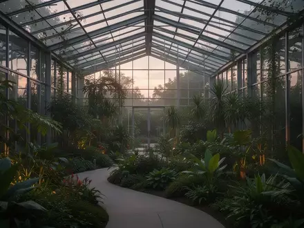 Ein moderner, lichtdurchfluteter botanischer Garten in der Abenddämmerung als Symbol für Lebenszyklen und Zeit. - Foto: über boerse-global.de