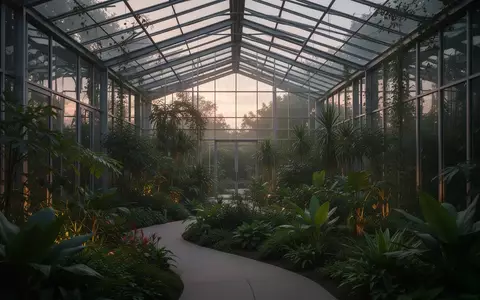 Ein moderner, lichtdurchfluteter botanischer Garten in der Abenddämmerung als Symbol für Lebenszyklen und Zeit. - Foto: über boerse-global.de