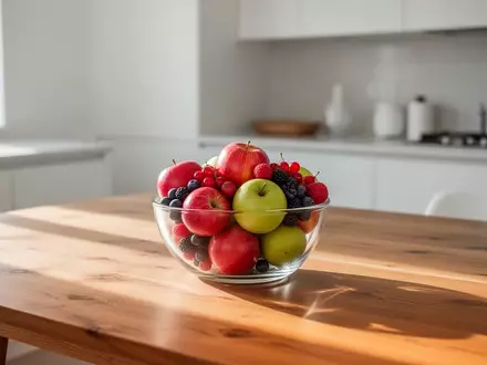 Eine Schale mit frischem Obst auf einem Holztisch in einer hellen, minimalistischen Küche bei Tageslicht. - Foto: über boerse-global.de