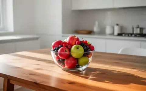Eine Schale mit frischem Obst auf einem Holztisch in einer hellen, minimalistischen Küche bei Tageslicht. - Foto: über boerse-global.de