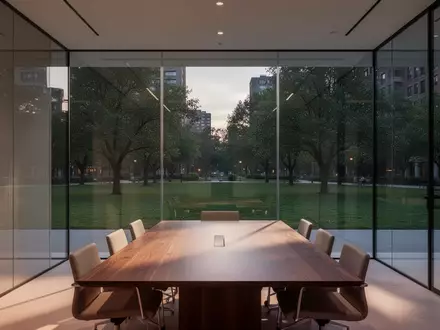Ein minimalistisch gestalteter, leerer Konferenzraum mit Glaswänden, der den Blick auf einen ruhigen Stadtpark in der Dämmerung freigibt. - Foto: über boerse-global.de