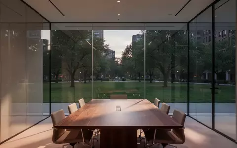 Ein minimalistisch gestalteter, leerer Konferenzraum mit Glaswänden, der den Blick auf einen ruhigen Stadtpark in der Dämmerung freigibt. - Foto: über boerse-global.de