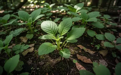 Nahaufnahme von verschiedenen grünen Wildpflanzen und Blättern auf einem schattigen, moosbedeckten Waldboden. - Foto: über boerse-global.de
