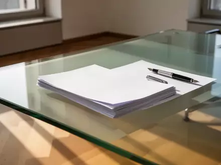 Ein minimalistischer Bürotisch mit Papierstapeln und einem Füllfederhalter in einem hellen, modernen Arbeitsraum. - Foto: über boerse-global.de