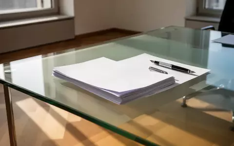 Ein minimalistischer Bürotisch mit Papierstapeln und einem Füllfederhalter in einem hellen, modernen Arbeitsraum. - Foto: über boerse-global.de