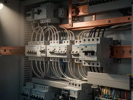 Innenansicht eines modernen elektrischen Verteilerschranks mit sauber verlegten Kabeln und installierten Schutzschaltern. - Foto: über boerse-global.de