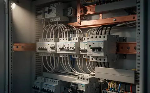 Innenansicht eines modernen elektrischen Verteilerschranks mit sauber verlegten Kabeln und installierten Schutzschaltern. - Foto: über boerse-global.de