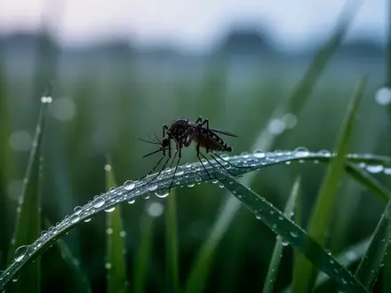 Eine Mücke sitzt in den frühen Morgenstunden auf einem mit Tau benetzten Grashalm in einer grünen Wiese. - Foto: über boerse-global.de