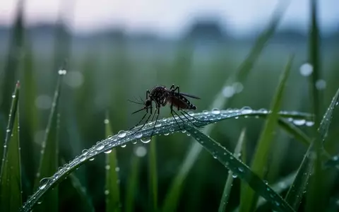 Eine Mücke sitzt in den frühen Morgenstunden auf einem mit Tau benetzten Grashalm in einer grünen Wiese. - Foto: über boerse-global.de