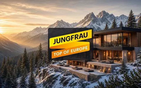 Modernes Hotelgebäude vor einer alpinen Berglandschaft bei Sonnenuntergang. - Foto: über boerse-global.de