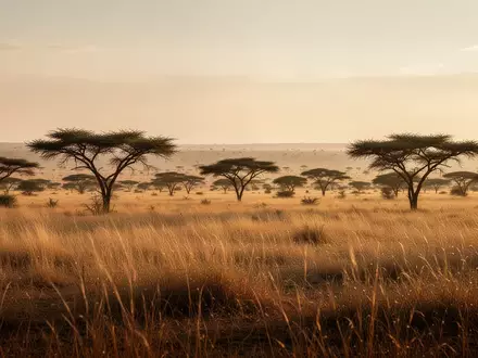 Weite afrikanische Savannenlandschaft bei Sonnenuntergang mit Akazienbäumen und trockenem Gras. - Foto: über boerse-global.de