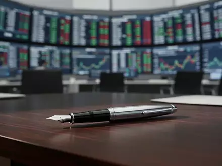 Ein moderner, professioneller Finanzschreibtisch mit einem FĂĽllfederhalter vor einem unscharfen Hintergrund von Marktdaten. - Foto: ĂĽber boerse-global.de