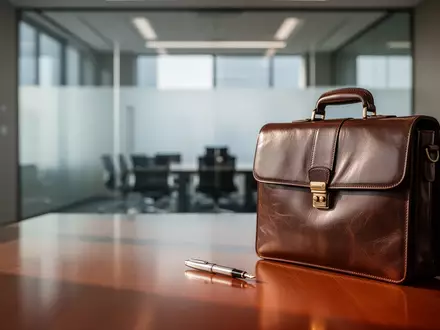 Ein moderner Konferenzraum mit einem Lederaktentasche und einem Füllfederhalter auf einem Holztisch. - Foto: über boerse-global.de