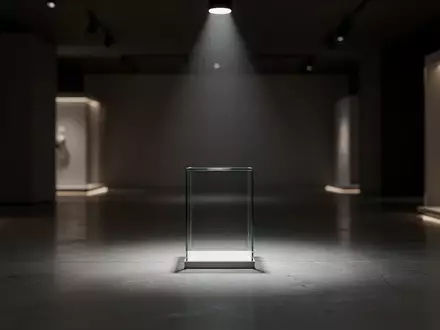 Ein minimalistischer Ausstellungsraum mit einem beleuchteten Podest vor dunklem Hintergrund. - Foto: über boerse-global.de