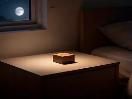 Ein minimalistischer Nachttisch in einem schlafzimmer bei Nacht mit sanftem Licht und einem schlichten Holzobjekt. - Foto: über boerse-global.de