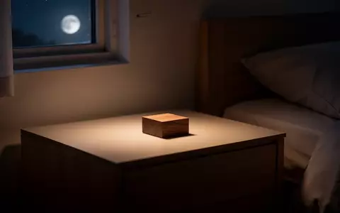 Ein minimalistischer Nachttisch in einem schlafzimmer bei Nacht mit sanftem Licht und einem schlichten Holzobjekt. - Foto: über boerse-global.de