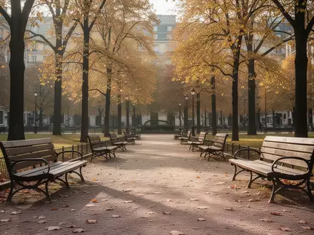 Ein ruhiger Stadtpark im Herbst mit leeren Holzbänken auf einem Kiesweg und goldgelben Bäumen. - Foto: über boerse-global.de