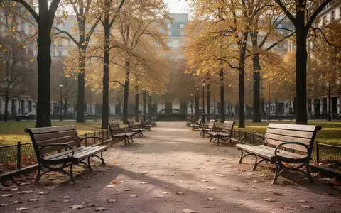 Ein ruhiger Stadtpark im Herbst mit leeren Holzbänken auf einem Kiesweg und goldgelben Bäumen. - Foto: über boerse-global.de