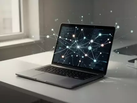 Ein minimalistischer Schreibtisch mit einem Laptop, auf dem abstrakte digitale Datenknoten und Verbindungslinien zu sehen sind. - Foto: über boerse-global.de