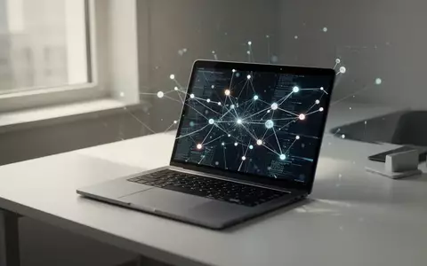 Ein minimalistischer Schreibtisch mit einem Laptop, auf dem abstrakte digitale Datenknoten und Verbindungslinien zu sehen sind. - Foto: über boerse-global.de
