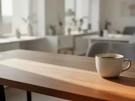 Ein minimalistischer, heller Arbeitsplatz bei Tageslicht mit einer Kaffeetasse auf einem Holztisch. - Foto: über boerse-global.de