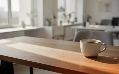 Ein minimalistischer, heller Arbeitsplatz bei Tageslicht mit einer Kaffeetasse auf einem Holztisch. - Foto: ĂĽber boerse-global.de