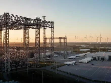 Moderne Industrielandschaft mit Stahlstrukturen und Windrädern im Hintergrund bei Sonnenuntergang. - Foto: über boerse-global.de