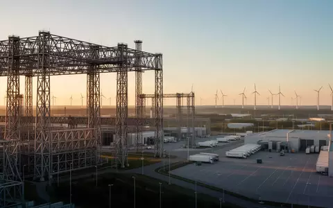 Moderne Industrielandschaft mit Stahlstrukturen und Windrädern im Hintergrund bei Sonnenuntergang. - Foto: über boerse-global.de