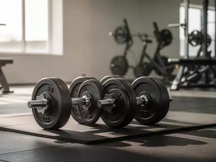 Hanteln auf einer Gummimatte in einem hellen, minimalistisch gestalteten Fitnessraum bei natürlichem Lichteinfall. - Foto: über boerse-global.de