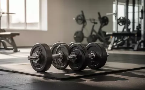 Hanteln auf einer Gummimatte in einem hellen, minimalistisch gestalteten Fitnessraum bei natürlichem Lichteinfall. - Foto: über boerse-global.de