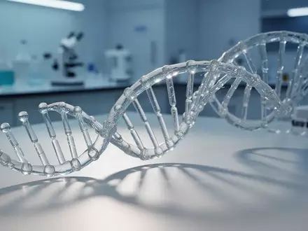 Eine gläserne DNA-Doppelhelix auf einer sterilen Laboroberfläche, die die biologischen Grundlagen genetischer Forschung symbolisiert. - Foto: über boerse-global.de