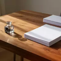 Ein minimalistischer Holztisch mit einem leeren Tintenfass und einem Stapel weißer Papiere in einem sonnendurchfluteten Raum. - Foto: über boerse-global.de