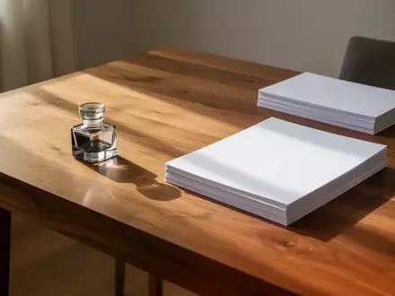 Ein minimalistischer Holztisch mit einem leeren Tintenfass und einem Stapel weißer Papiere in einem sonnendurchfluteten Raum. - Foto: über boerse-global.de