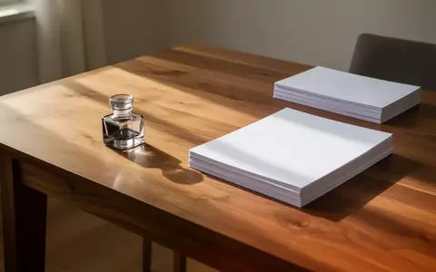 Ein minimalistischer Holztisch mit einem leeren Tintenfass und einem Stapel weißer Papiere in einem sonnendurchfluteten Raum. - Foto: über boerse-global.de