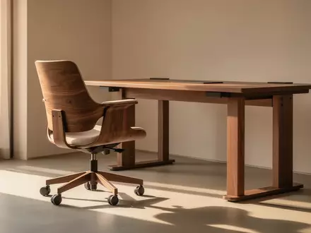 Ein minimalistisch gestalteter, heller Arbeitsplatz mit ergonomischem Stuhl und Schreibtisch in warmem Tageslicht. - Foto: über boerse-global.de