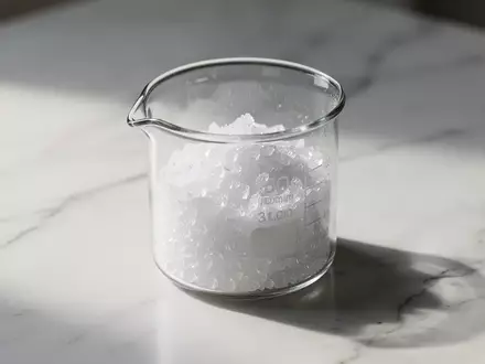 Ein Glasbecher mit feinem, kristallinem Pulver auf einer weißen Marmoroberfläche in einem hellen, minimalistischen Labor. - Foto: über boerse-global.de