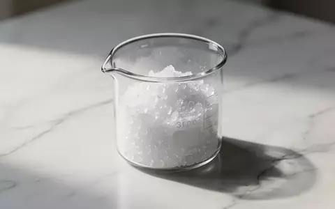 Ein Glasbecher mit feinem, kristallinem Pulver auf einer weißen Marmoroberfläche in einem hellen, minimalistischen Labor. - Foto: über boerse-global.de