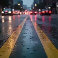 Nasse Asphaltstraße bei Dämmerung mit verschwommenen Rücklichtern in der Ferne und reflektierenden Fahrbahnmarkierungen. - Foto: über boerse-global.de